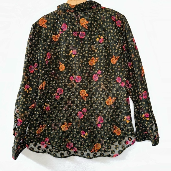 Loft Green Sheer Floral Clip Dot Button Front Top Size Large - Picture 2 of 6